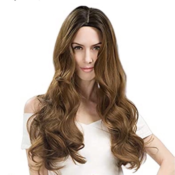 Honey Brown Dark Root 28 Inch long Loose Wave Wig - Picture 2 of 7
